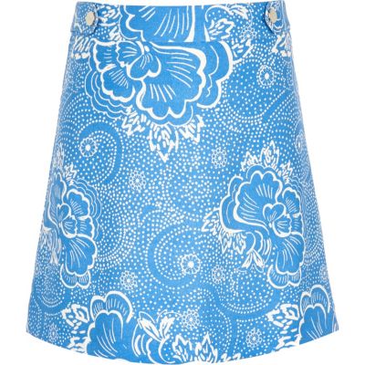 Girls blue floral print A-line skirt